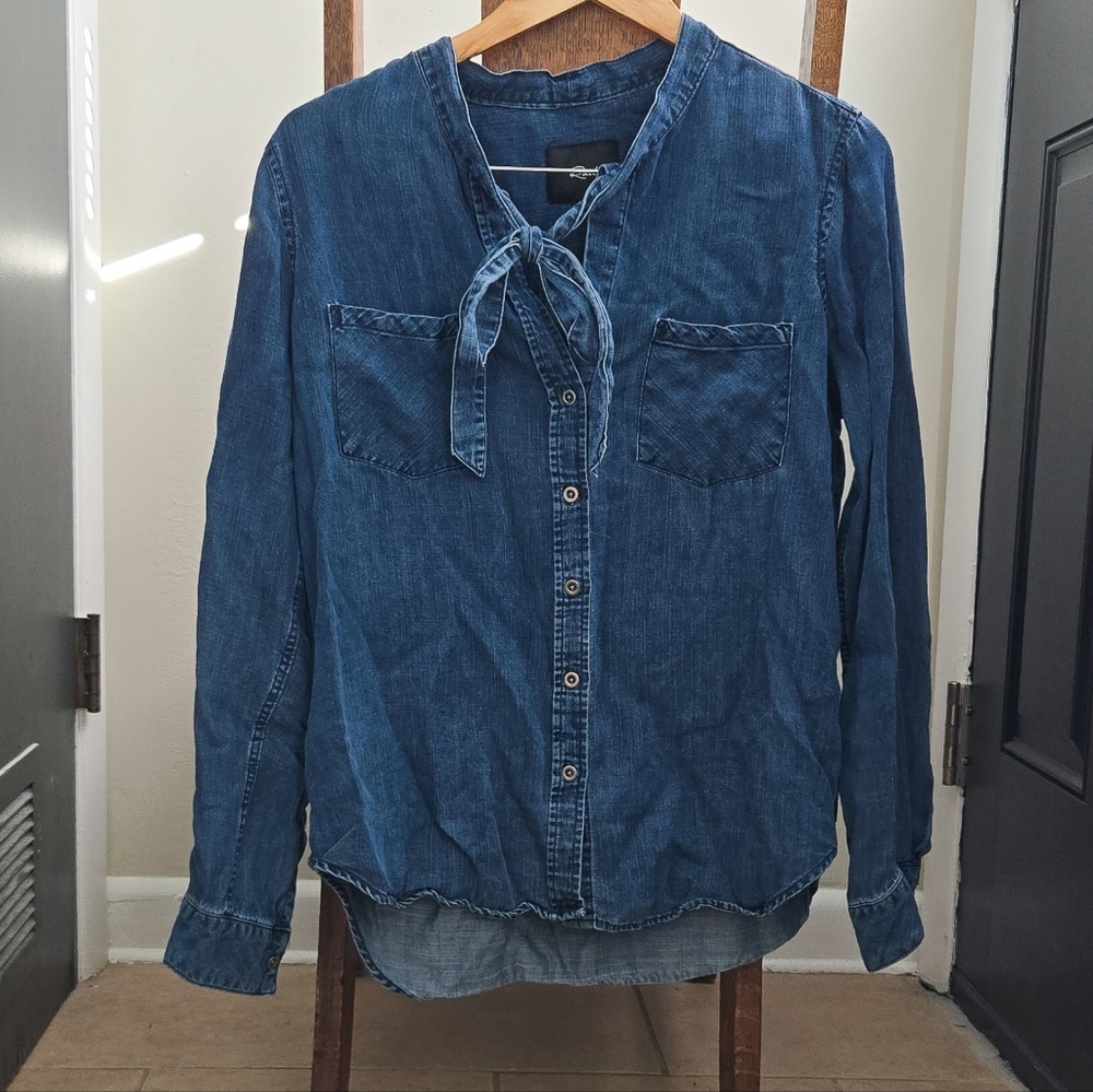 Rails blue tied bow denim chambray button down shirt